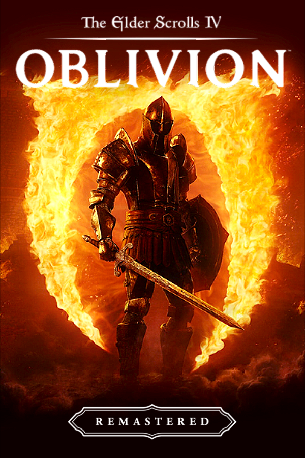 Cover art for The Elder Scrolls IV: Oblivion Remastered featuring a knight in armor standing before a fiery portal.
